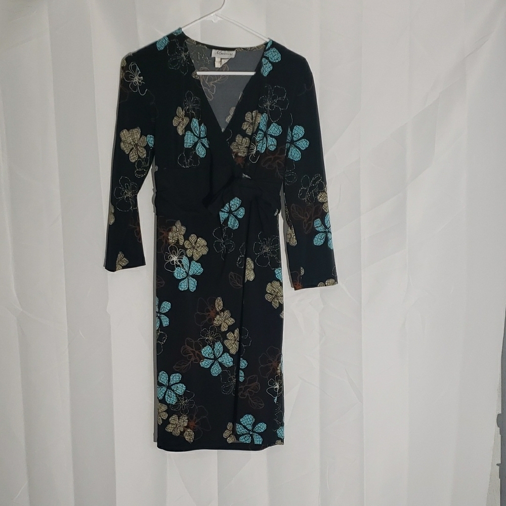 Kimono Style Floral Maternity Dress Black Faux Wrap Size Small 3/4 Sleeve
